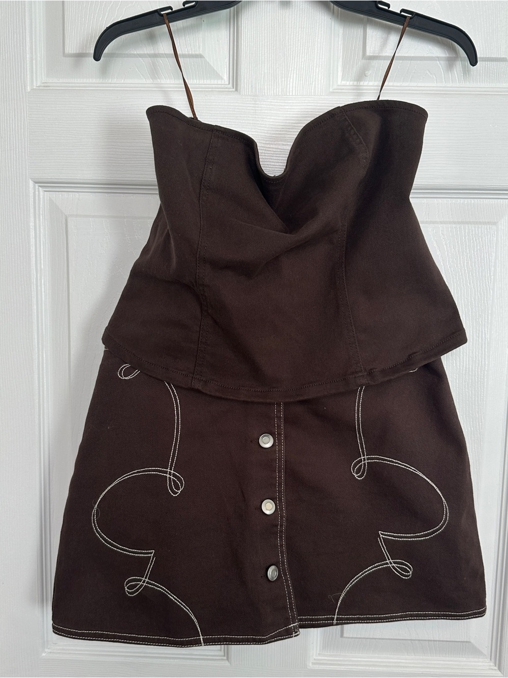 Gianni Bini Dark Brown Two-Piece Skirt Set with White Contrast Stitching